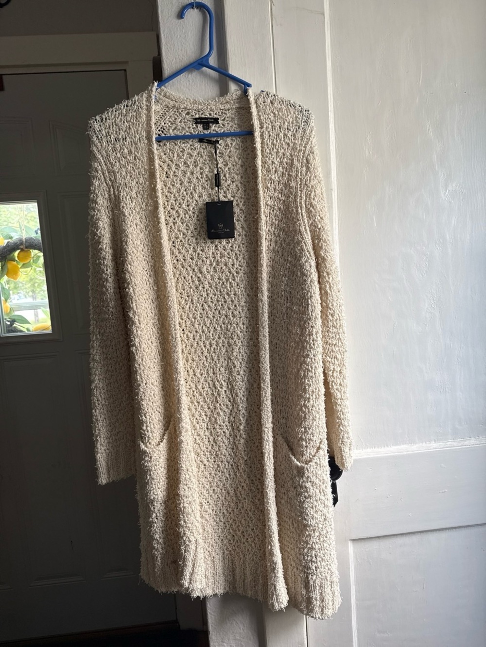 Massimo Dutti Ivory Textured Long Open-Front Cardigan